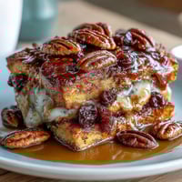 A warm slice of Easy Capirotada with Cinnamon, Piloncillo, and Raisins, layered with toasted bread and melted cheese.