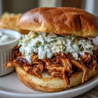 Juicy smoked pulled chicken sandwiches piled high with tangy white BBQ sauce.