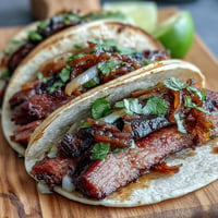Juicy smoked brisket tacos crowned with vibrant pickled red onions and cilantro.